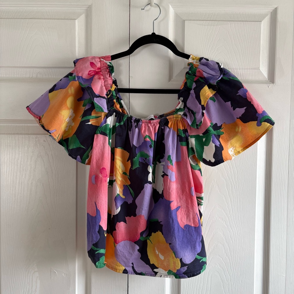 Ces Femme Floral Ruffle Sleeve Top Blouse Boxy Slouchy Preppy‎ Resort Cruise S